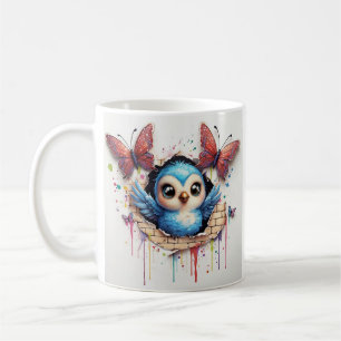 Kramisk illustration av blått fåglar och fjäril kaffemugg