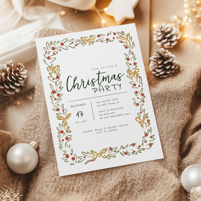 Kramisk inbjudan till julfesten (Whimsical Christmas Wreath holiday party invitation)