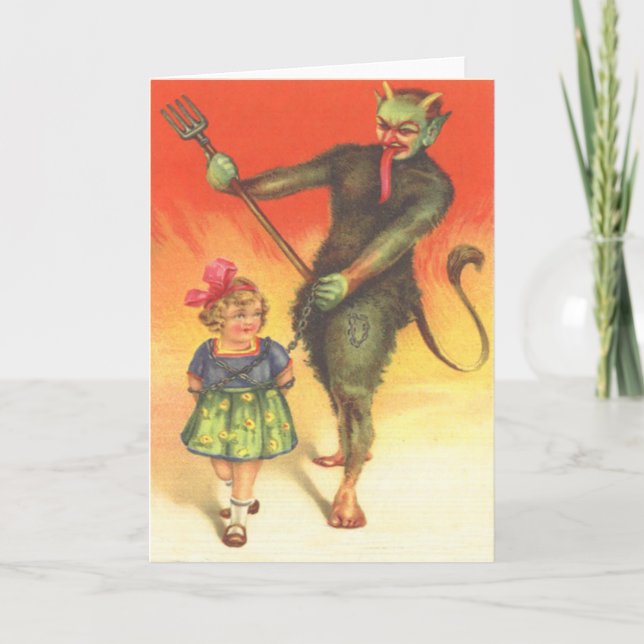 Krampus bestraffar barn helgkort (Framsida)