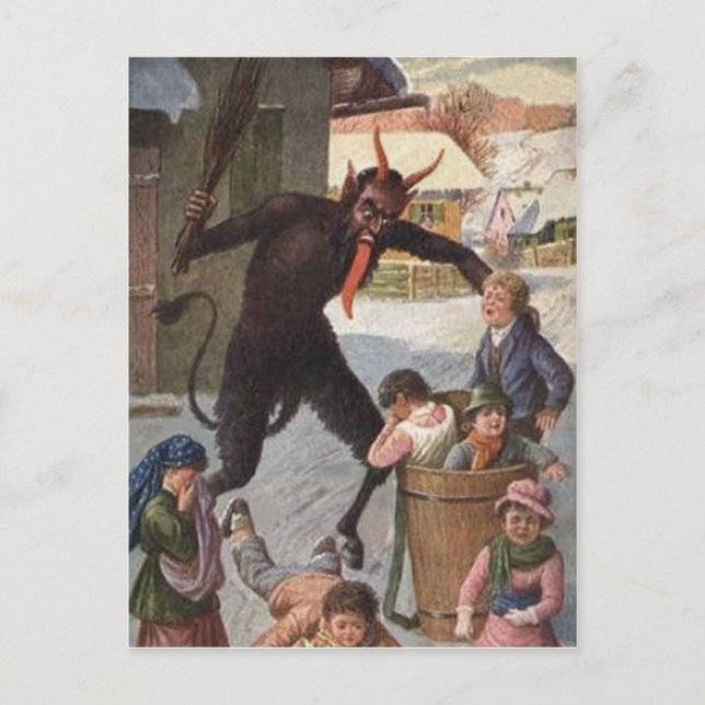 Krampus bestraffar kidnappade barn vinter vykort (Framsida)