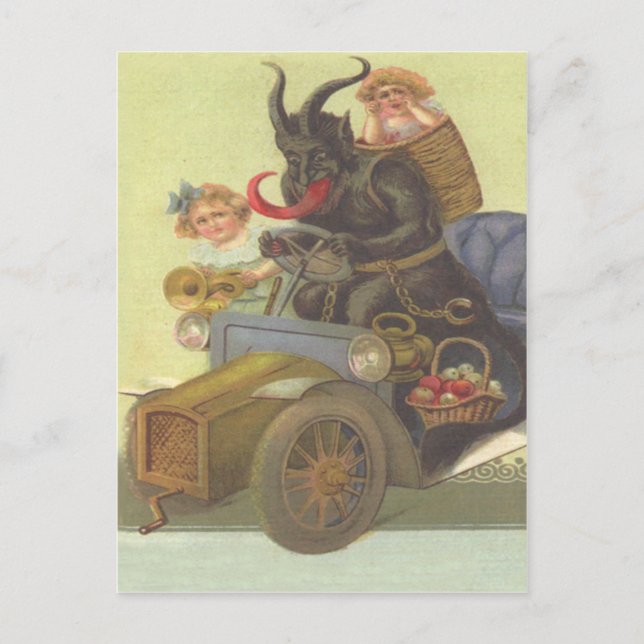 Krampus bortför små flickor i bil vykort (Framsida)
