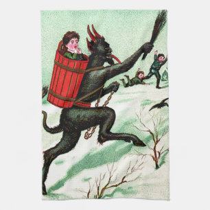 Krampus Chasing Bad Children Winter Snö Kökshandduk