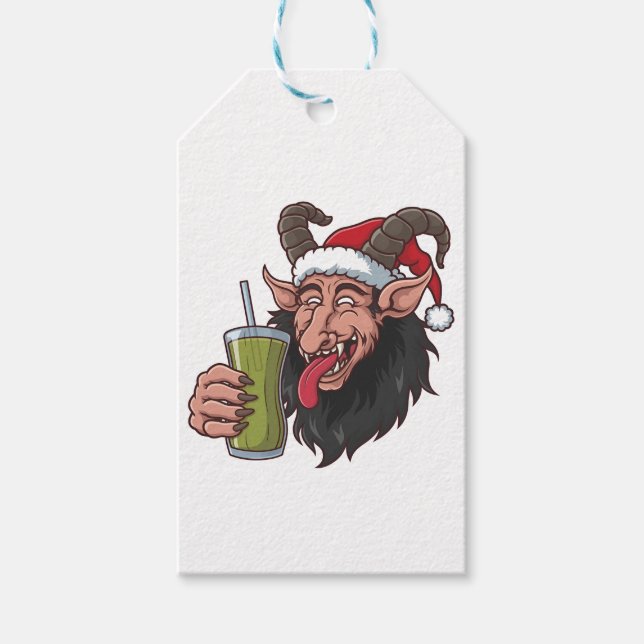 Krampus dricker grön matcha jul spöklik  presentetikett (Framsidan)