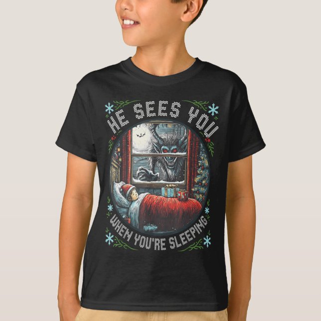 Krampus He Sees You When You're Sleeng Horror Chri T Shirt (Framsida)