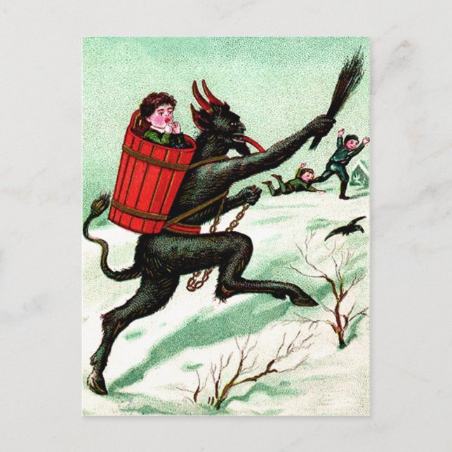 Krampus jagar dåliga barn vinter snö vykort (Framsida)