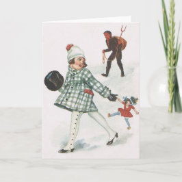 Krampus jagar en liten flicka med docka helgkort