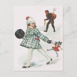 Krampus jagar en liten flicka med docka vykort