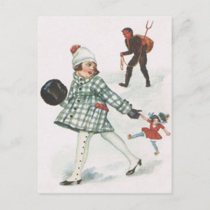 Krampus jagar en liten flicka med docka vykort