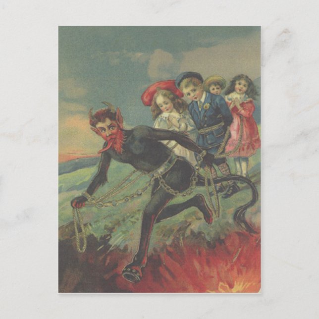 Krampus kidnappande barn vykort (Framsida)