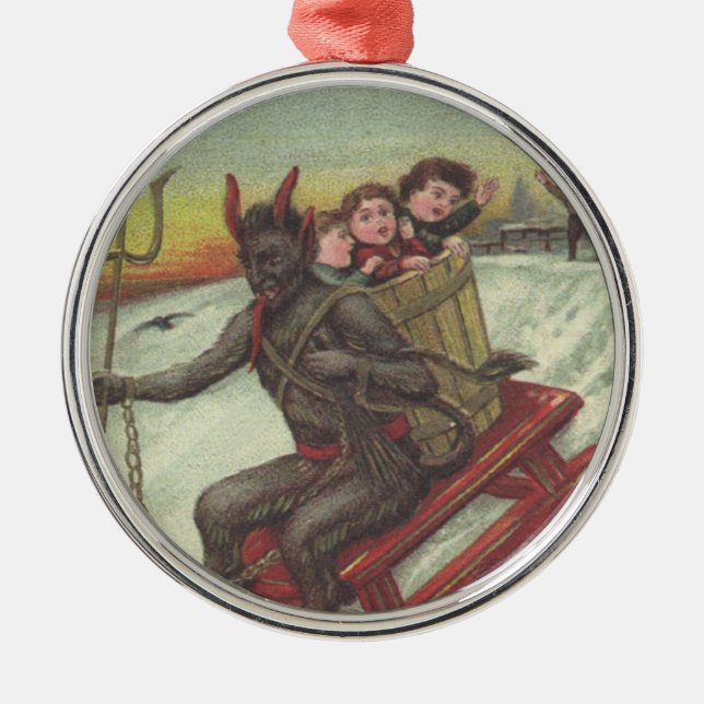 Krampus Kidnapping Kids på Sleigh Pitchfork Julgransprydnad Metall (Framsidan)