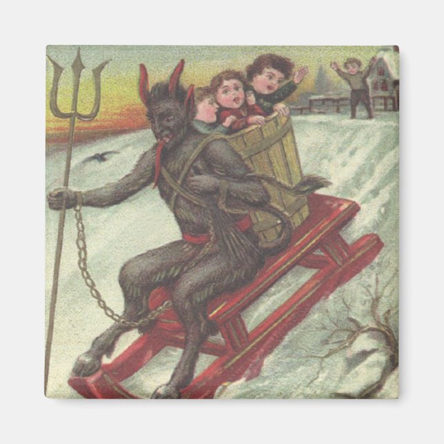 Krampus Kidnapping Kids på Sleigh Pitchfork Magnet (Framsidan)