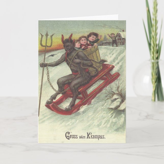 Krampus Kidnapping på Sleigh Helgkort (Framsida)