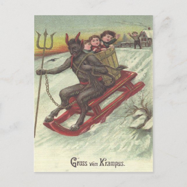 Krampus Kidnapping på Sleigh Vykort (Framsida)