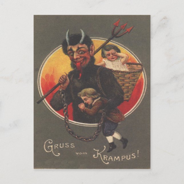 Krampus kidnappning av pojke och flicka vykort (Framsida)