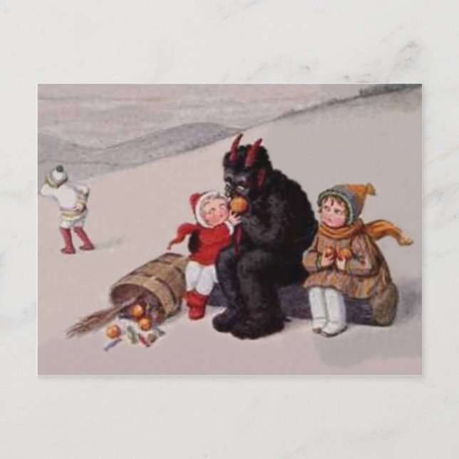 Krampus leker med barn i snö vykort (Framsida)