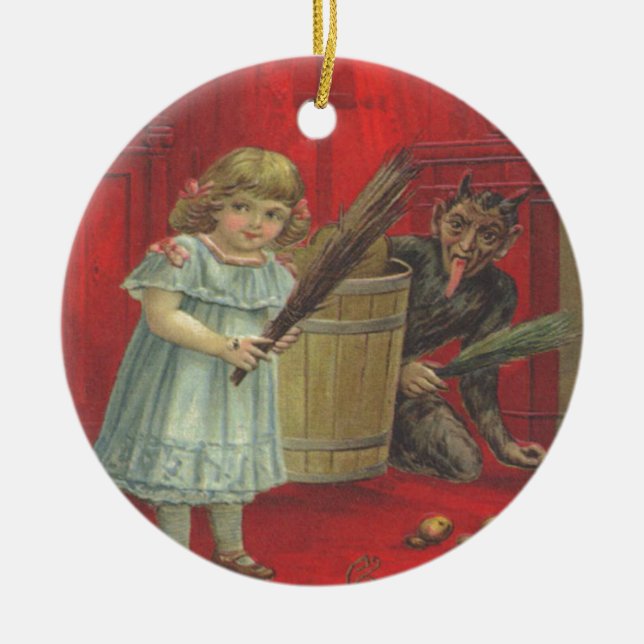 Krampus leker med flicka julgransprydnad keramik (Framsidan)
