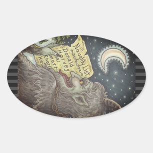 KRAMPUS NAUGHTY CHILDREN LIST CHRISTMAS STICKERS OVALT KLISTERMÄRKE