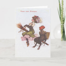 Krampus på kvast med kvinna helgkort