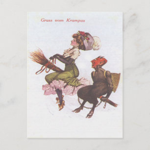 Krampus på kvast med kvinna vykort