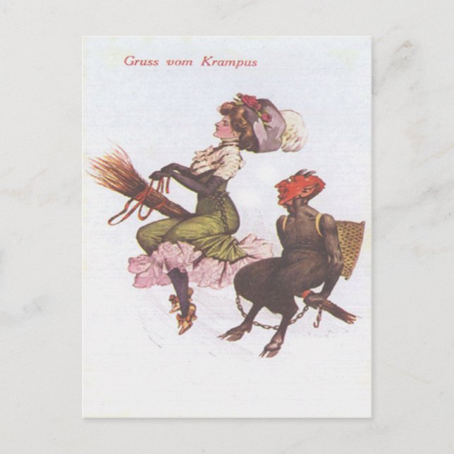 Krampus på kvast med kvinna vykort (Framsida)