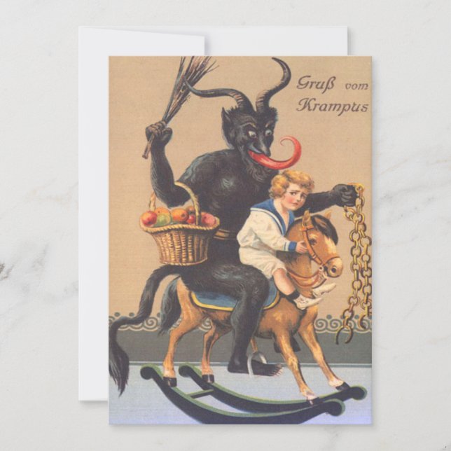 Krampus ridande på käpphäst med pojke (Framsida)