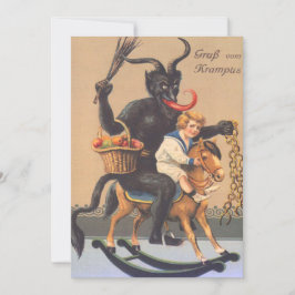 Krampus ridande på käpphäst med pojke