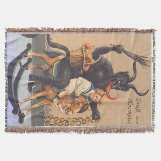 Krampus ridande på käpphäst med pojke mysfilt (Framsidan)