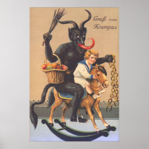 Krampus ridande på käpphäst med pojke poster