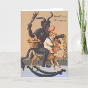 Krampus Riding Hobbyhorse with Boy Helgkort