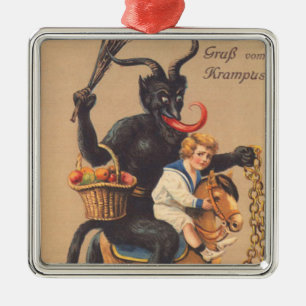 Krampus Riding Hobbyhorse with Boy Julgransprydnad Metall