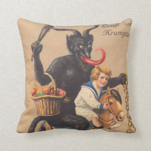 Krampus Riding Hobbyhorse with Boy Kudde