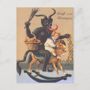 Krampus Riding Hobbyhorse with Boy Vykort