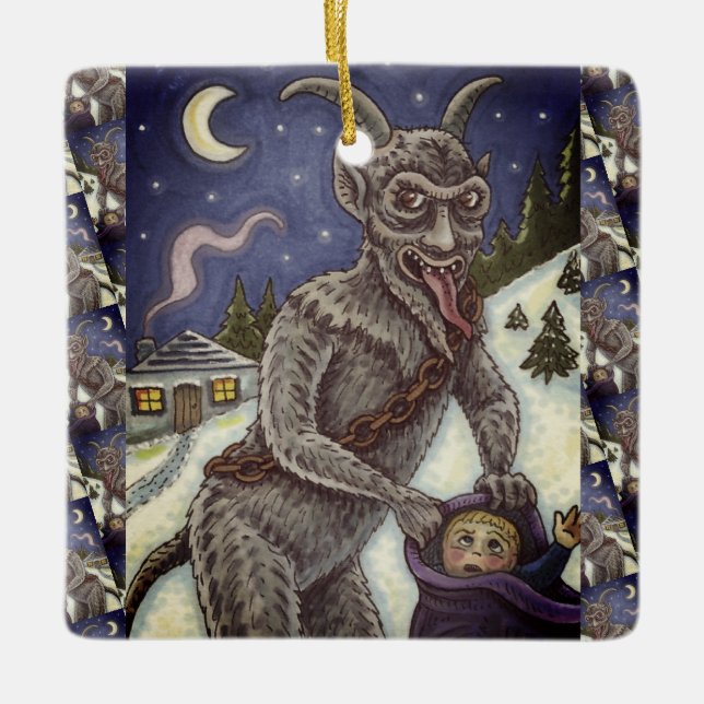 KRAMPUS & STORA BARN, RÄDDANDE JULBERÄTTELSE JULGRANSPRYDNAD KERAMIK (Framsida)