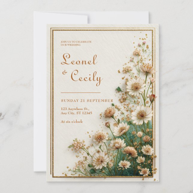 Krämstrukturerad Guld Astrantia Bröllop Inbjudningar (Framsida)