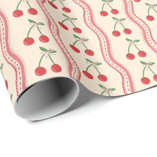Krämtansmönster med rosa vågiga ränder presentpapper (Rullad Hörn)