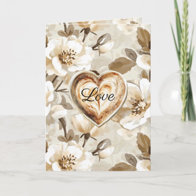 Krämvit Brun Blommig Hjärtlig Kärlek Kort (Framsida)