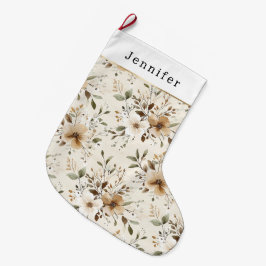 Krämvit Brun Blommig Jul Stor Julstrumpa