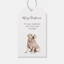 Krämvit hund rosa blommig jul  presentetikett
