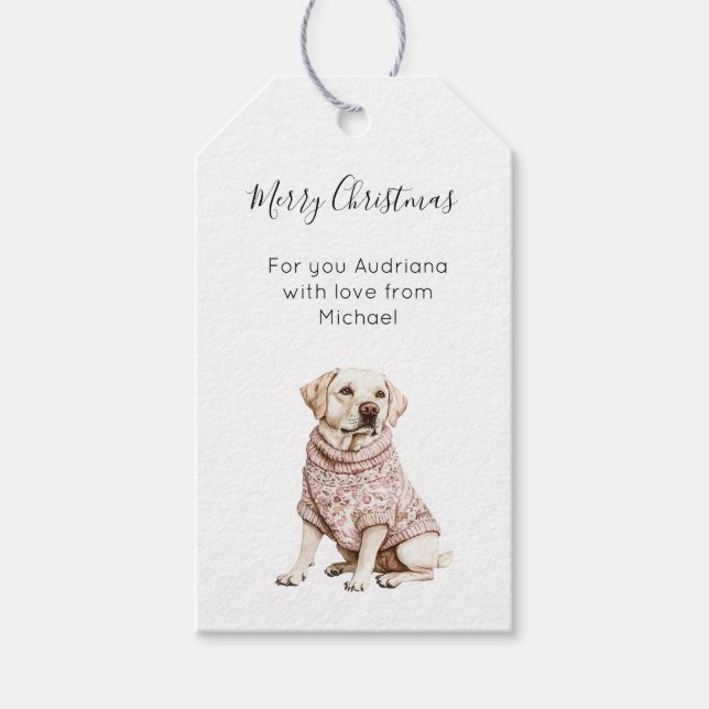 Krämvit hund rosa blommig jul  presentetikett (Framsidan)