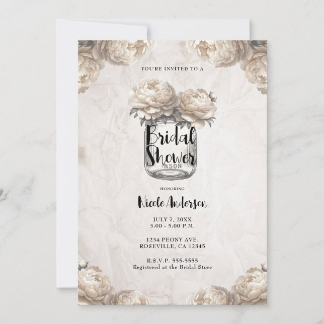 Krämvit Peony Murarvas Rustik Bröllopsfest Inbjudningar (Framsida)