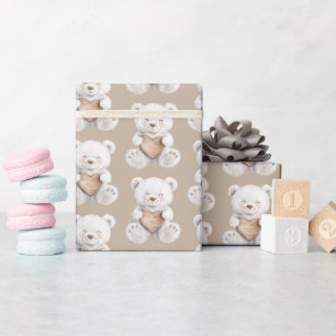 Krämvita teddybjörnar hjärtan baby shower presentpapper