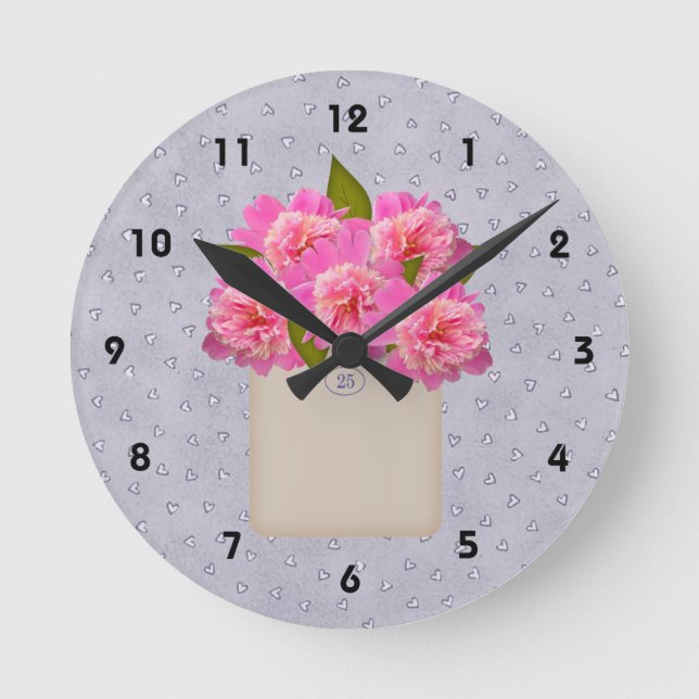 Kran av Peonies Wall Clock Rund Klocka (Framsida)