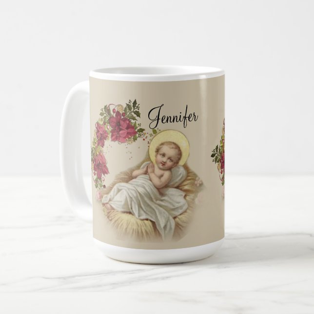 Kran för blommigt för babyJesus jul Kaffemugg (Framsida vänster)