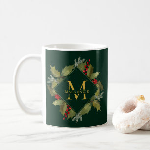 Kran för järnek för Monogram för julvattenfär Kaffemugg