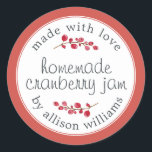 Kranberry Sylt can Red Runt Klistermärke<br><div class="desc">Rustik och modern hemgjord jultomte i sylt som konserverar tranbär i sylt burk med kärlek, homemade tranbär i sylt och ditt namn i modern skrift på en röd bakgrund med en snyggt kranbär. Lägg bara till ditt namn och produkten namn på etiketten. Enbart designad för dig av Lycklig Dolphin Studio....</div>
