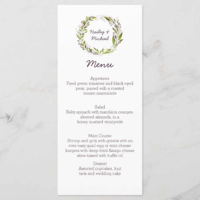 Kranen med grönt lämnar mörka plommonbär menyn meny (Framsida)