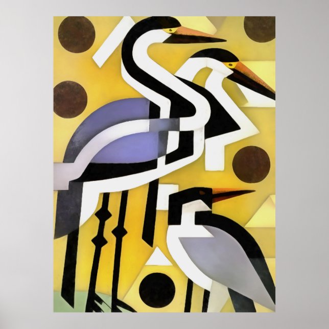 Kraner i Geometric Abstrakt Art Stil på Gult Poster (Framsidan)
