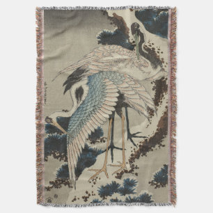 Kraner på ett Snö täckt Gräs Hokusai Filt
