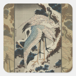 Kraner på ett Snö täckt Gräs Hokusai Fyrkantigt Klistermärke