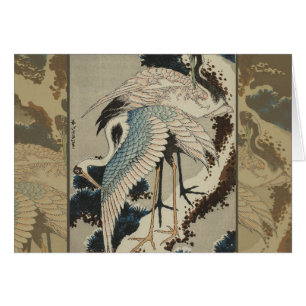 Kraner på ett Snö täckt Gräs Hokusai Hälsningskort